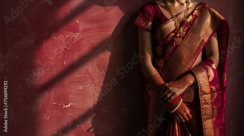 A woman mesmerizes in a red and gold sari, exuding grace and elegance