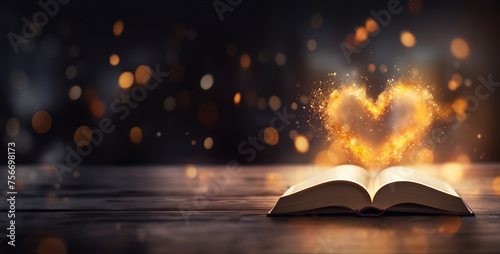 Book with pages folded into a heart against a sparkling dark bokeh background. Love for literature and reading concept. Image for World Book Day event with copy space. 