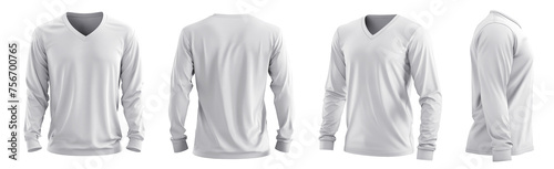 Set of men white front, back and side view V neck long sleeve tee shirt t-shirt on transparent background cutout, PNG file. Mockup template for artwork graphic design. 