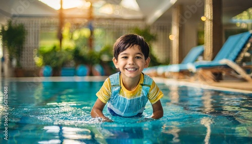 Smiling little boy playing at an indoor swimming pool
