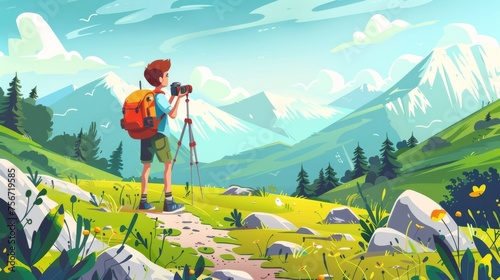 Teen boy with hiking backpack and equipment looks at his photography camera as he stands on path in foothills of mountains. Cartoon summer landscape with young tourist and photographer.