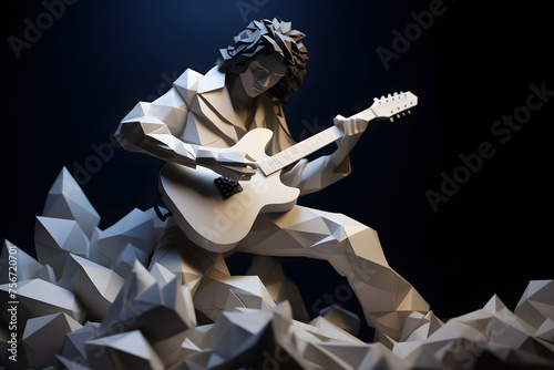 Paperstyle guitarist, paperstyle origami guitarist on a stage, guitarist origami style