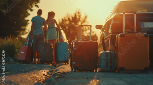 A family with suitcases of different colors, ready to pack them in the car and go on vacation.