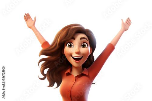 Happy smile laughing cartoon character young adult woman person portrait jumping with hands up in 3d style design on white background. Human people feelings expression concept