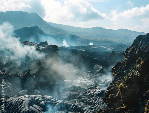 A dramatic volcanic landscape with smoking vents