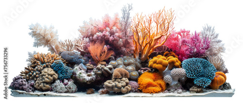 Panoramic view of vibrant colorful coral reef biodiversity, cut out - stock png.
