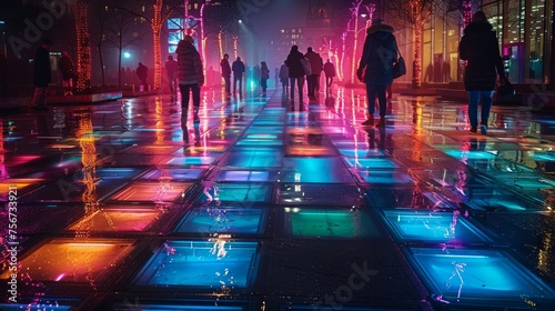 Futuristic public square, using interactive LED flooring for art and communication.
