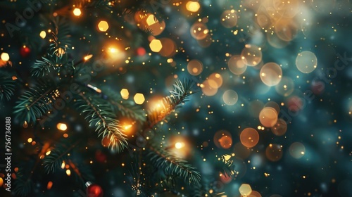 A close-up view of a Christmas tree with twinkling lights. Suitable for holiday concepts