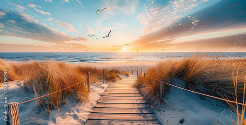Holzweg zum Strand, Sonnenaufgang in den Dünen an der Ostsee