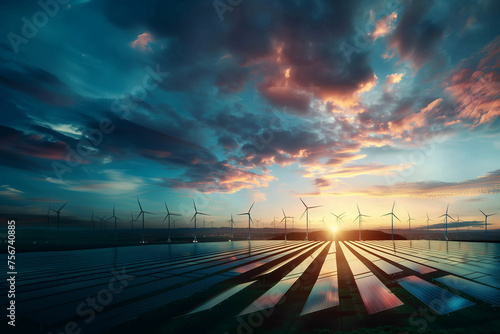 Wind turbines with solar panels. Green energy concept. Solar cell plant and wind generators in field under the blue sky on sunset. Powerplant with photovoltaic panels and eolic turbine. Earth's Day