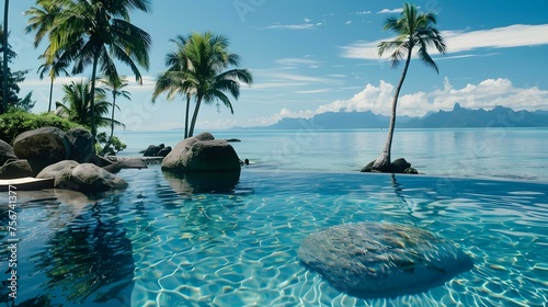 Basen bez krawędzi ze skałami palmowymi, Tahiti, Polinezja Francuska