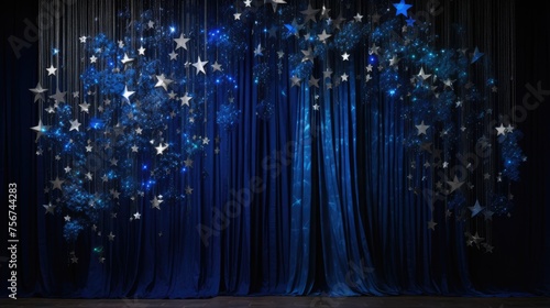 A luxurious stage set with deep blue velvet curtains under a cascade of twinkling stars, creating a celestial aura perfect for sophisticated galas or theatrical performances.
