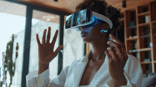 African American woman in white augmented virtual reality glasses gesticulates with her hands while controlling a virtual screen while standing in a modern home