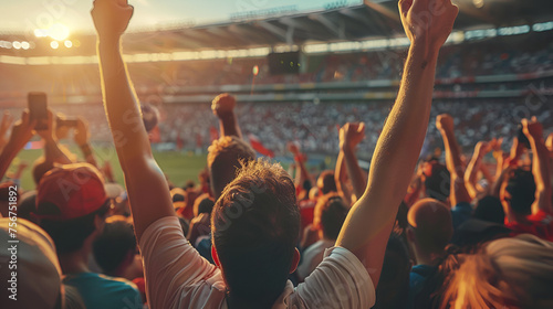 Football Fans Support Team on Crowded Soccer Stadium, Generative AI
