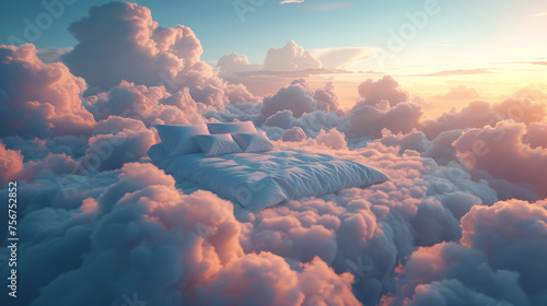Serene Slumber: Bed on a Cloud Against Blue Sky 
