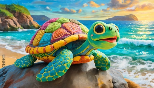 Una simpática y alegre tortuga hecha de plastilina colorida con tema infantil