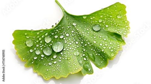 Ginkgo biloba green leaves with water droplets isolated on white, macro