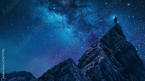 Astronomer's Gaze: An image of an astronomer standing atop a mountain peak at night, looking through a powerful telescope towards the starry sky. Generative AI