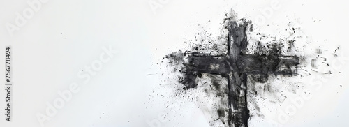 Cross silhouette created with ash scatter. Isolated on white background. Banner with copy space. Concept of faith, religious, Easter celebration, ash Wednesday, resurrection, cremation, funeral