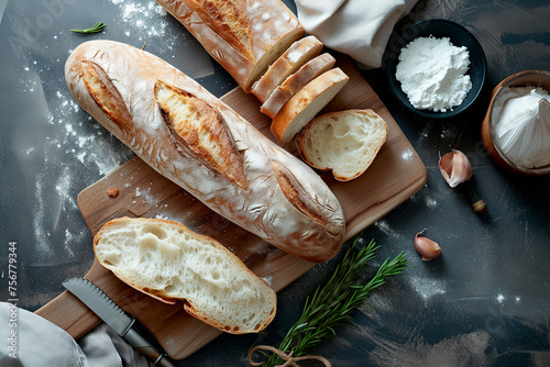 French fresh baguettes on a wooden cutting board on dark table. Food background.