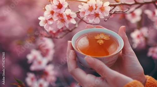 Japanese garden with hands holding a cup of cherry blossom-infused tea