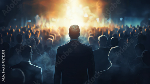 The Visionary Leader: A striking portrait of a leader standing confidently amidst a crowd, with a clear vision of the future reflected in their eyes. Generative AI