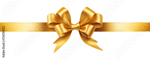 Decorative golden bow isolated on transparent background. Shiny gold satin ribbon. Wrapping element for Christmas gift, Valentine's, Father's and Women's day, birthday and party. Black friday
