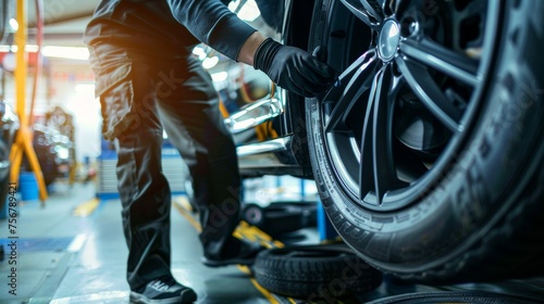 Image of a mechanic at work aligning a car wheel with precision equipment in a well-lit service center