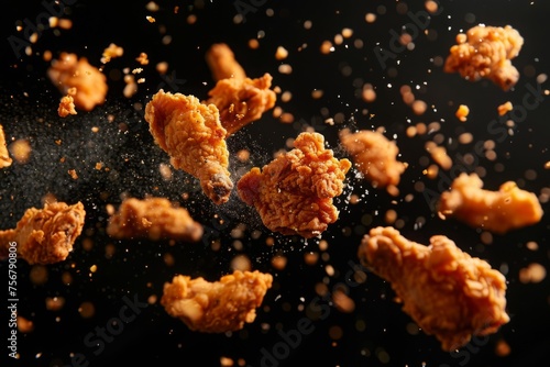 Pieces of crispy fried chicken drumsticks and wings floating in the air isolated on black background. Fast food, takeaway meal for Super Bowl, game day party, Father's day. Delicious unhealthy snack
