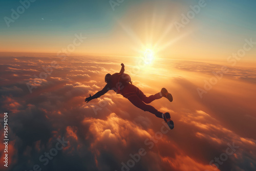 Skydiver in action, parachuter free falling between the clouds, amazing sunset in the background. Extreme sport.