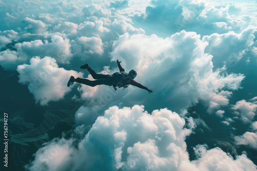 Skydiver in action, parachuter free falling between the clouds, extreme sport.