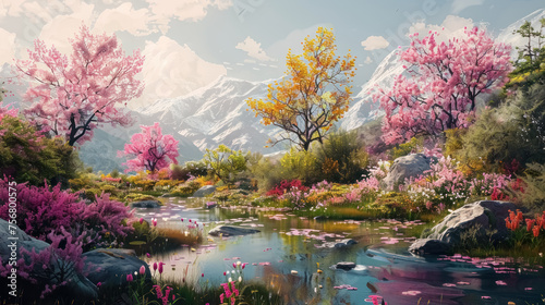 spring bloom in mountain landscape illustration 