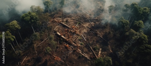 An aerial view of a dense jungle with smoke rising from the canopy, creating an eerie yet captivating natural landscape