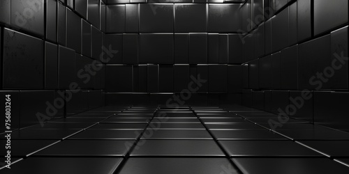 A black room with a lot of empty space and no furniture - stock background.