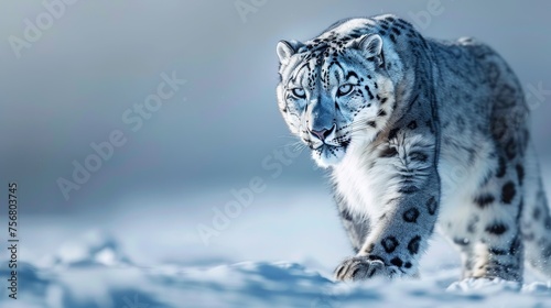 Snow leopard showcasing its exceptional camouflage in the vast snowy expanse of its natural habitat