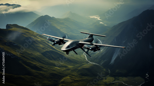 Stealth Aircraft Patrolling Over Misty Mountains at Sunrise