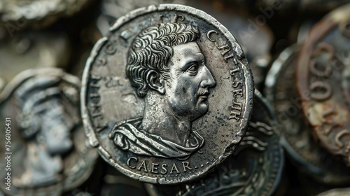 Ancient Roman coin with portrait of Julius Caesar, rare vintage artefact, face of emperor on old silver money. Concept of Rome, antique and history