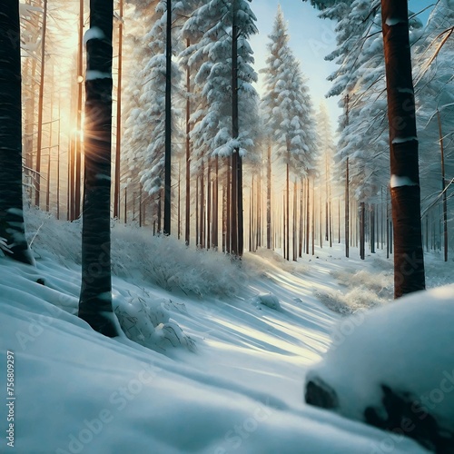 Snow Forest Mountain Tree Landscape Winter holiday. A serene winter landscape with a snow covered forest and mountain range, gleaming peaks, snow laden slopes