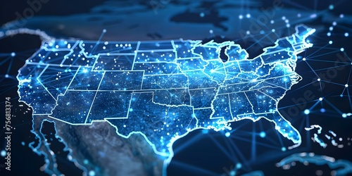 USA digital map symbolizing global connections data transfer and cyber technology. Concept Cyber Technology, Data Transfer, Global Connections, USA, Digital Map