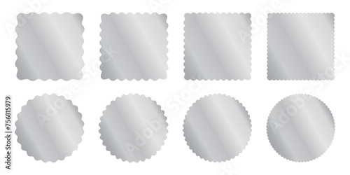 Set of silver square and circle sticker templates with wiggle borders. Shining labels, badges, price tags, coupons, stamps with wavy edges isolated on white background. Vector illustration.