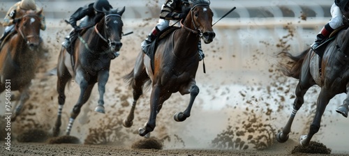 Thrilling horse race betting action view from below on galloping horse hooves in competition