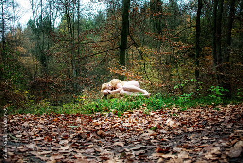 nice young lovely strawberry blonde girl lying naked on a sawed off tree stump in the fall forest