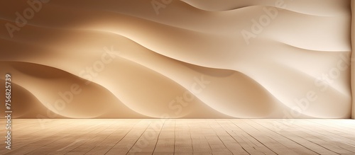 An empty room with a wooden floor resembling a peach landscape, with a wavy wall evoking an aeolian landform. Liquid shadows create a pattern as if singing sands were present