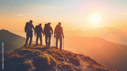 Group of adventurous hikers enjoying mountain sunset trekking together in summer journey tourism