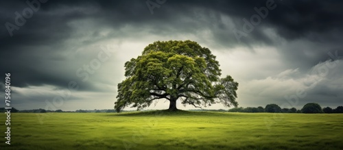 A tree stands tall in the midst of a grassy field under a cloudy sky, creating a natural landscape with a serene atmosphere