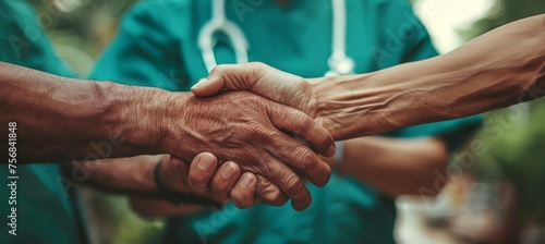Nurse showing empathy holding patient s hand for support, healthcare advice in nursing home.
