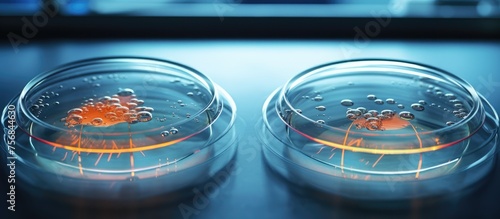 Two petri dishes filled with crabs are sitting on a table surrounded by liquid. The aquacolored creatures are under automotive lighting, creating an electric blue glow