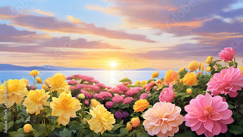 Beautiful flowers with sea and sky background at sunset