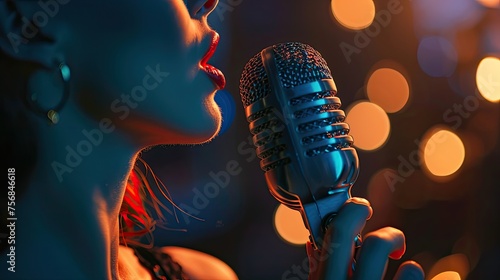 Professional Female Singer With Microphone, 8K Photo - Generative AI