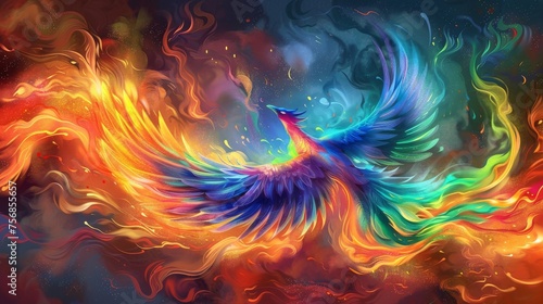A rainbow phoenix soaring majestically from flames reborn in vibrant colors against a dark hellish backdrop
